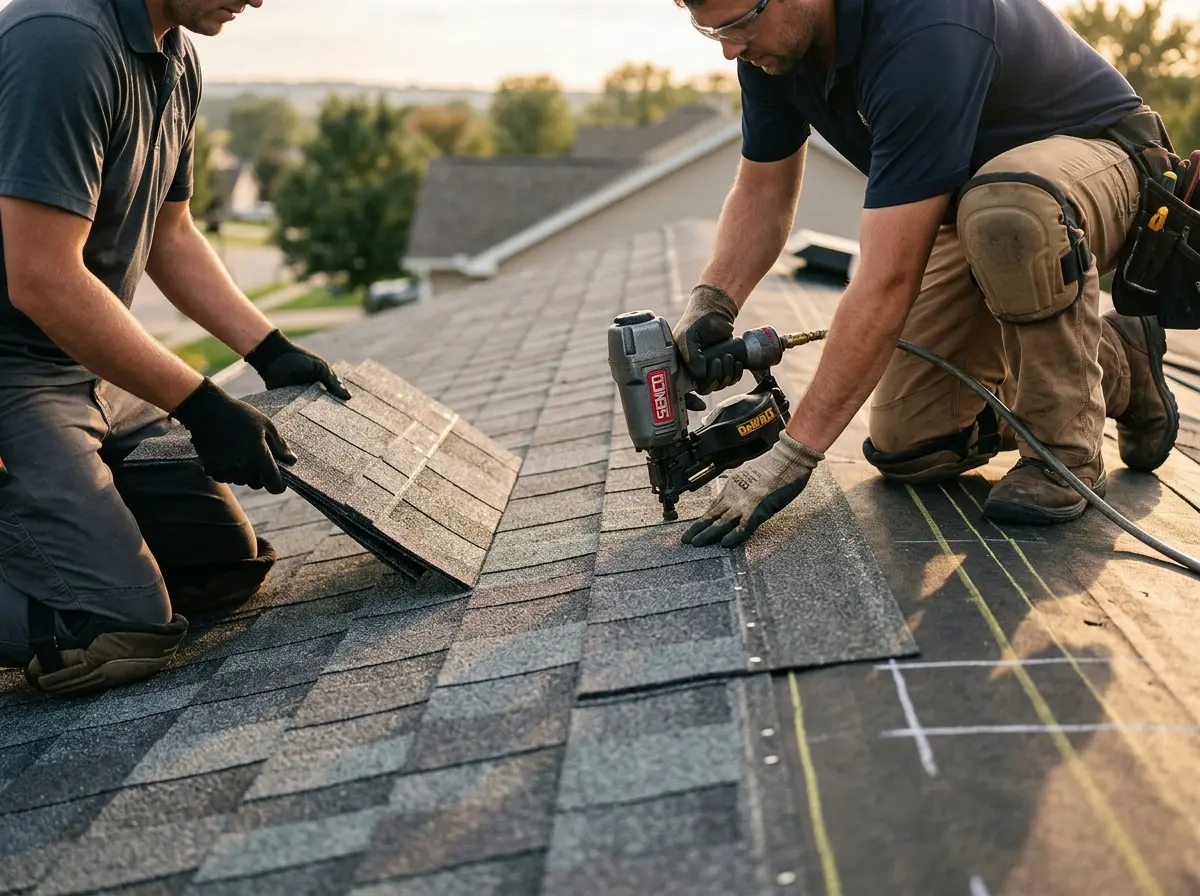 Professional roofer working on a residential roof in Lake Ridge